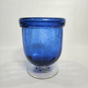 Vtg Cobalt 5.75" Handblown Bubbled Melon Style Glass Candle Holder Artisan Blue